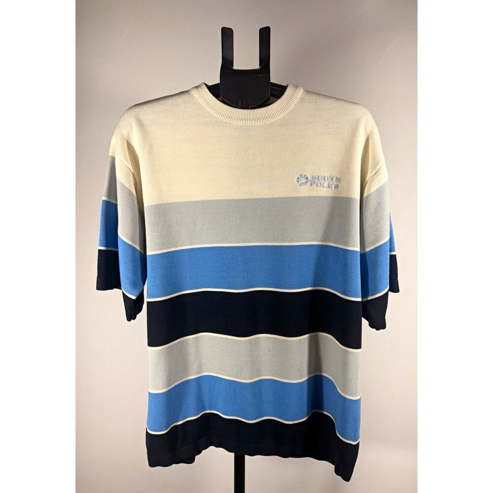 Vintage Southpole Men’s L Striped Knit Short Sleeve Crew Neck  Pullover Sweater